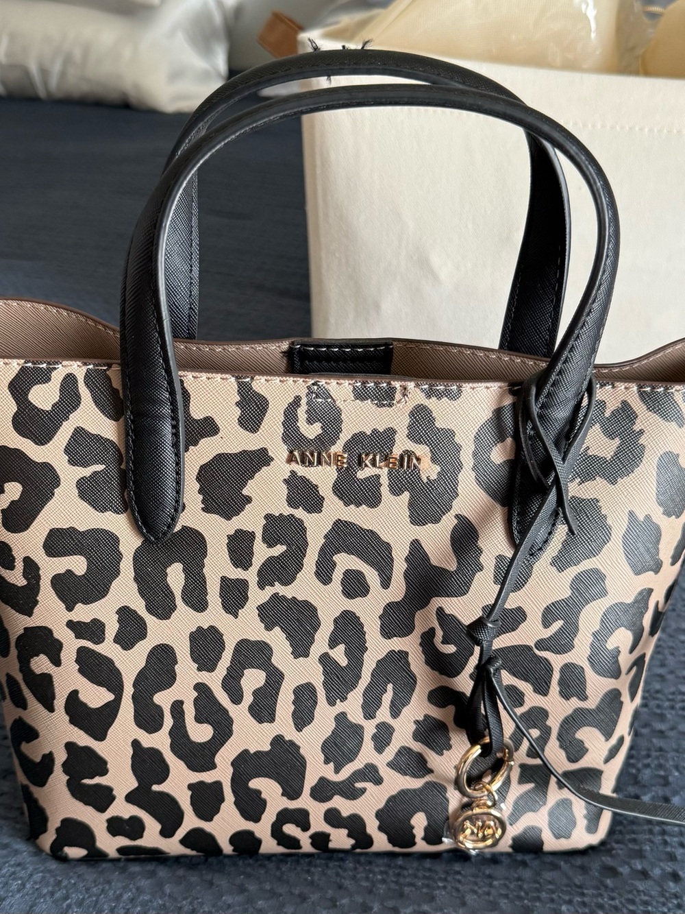 Anne Klein Leopard-Print Tote in Beige and Black with Gold Charm